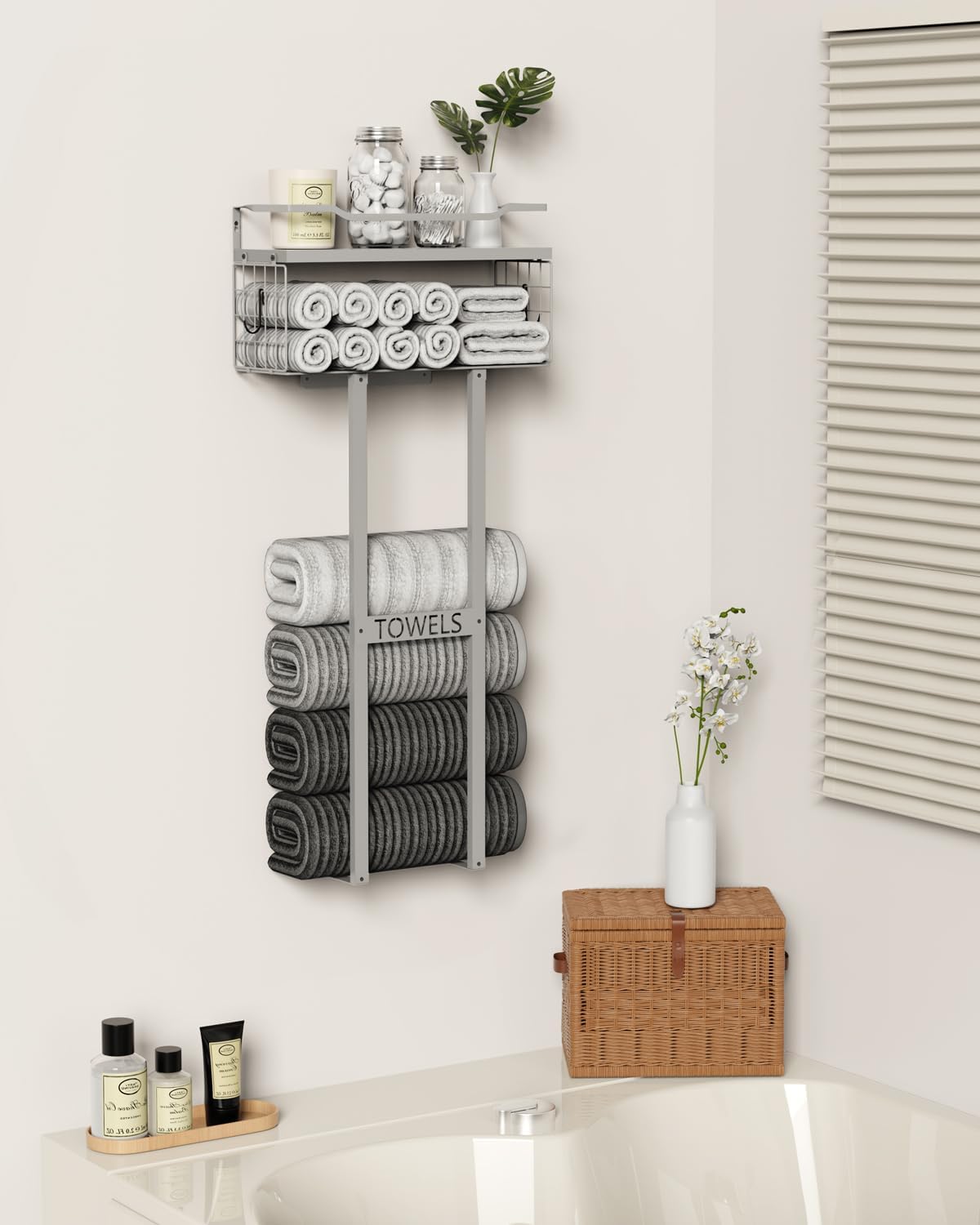 Aetyord Towel Racks for Bathroom - Wall Mounted Metal Rack with Wood Plank, Bathroom Storage Organizer, Towel Holder
