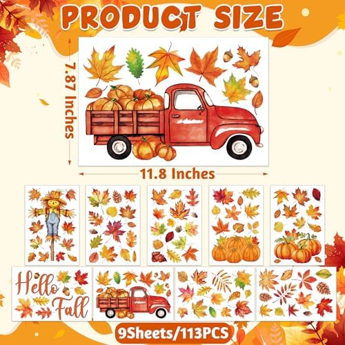 9 Sheets Autumn Window Stickers, Scarecrow Maple Leaves Pumpkin Nuts Decal Windwo Clings, Double Sided Fall Window Clings for Fall Decorations Decor Thanksgiving Accessories Indoor Outdoor