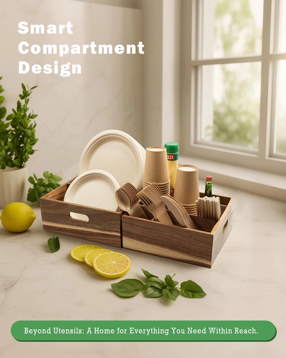 Acacia Wood Utensil Holder for Party -Nested Set of 2(Large 11" x 9.5" Plate Holder & Small 10" x 9" Utensil Caddy)