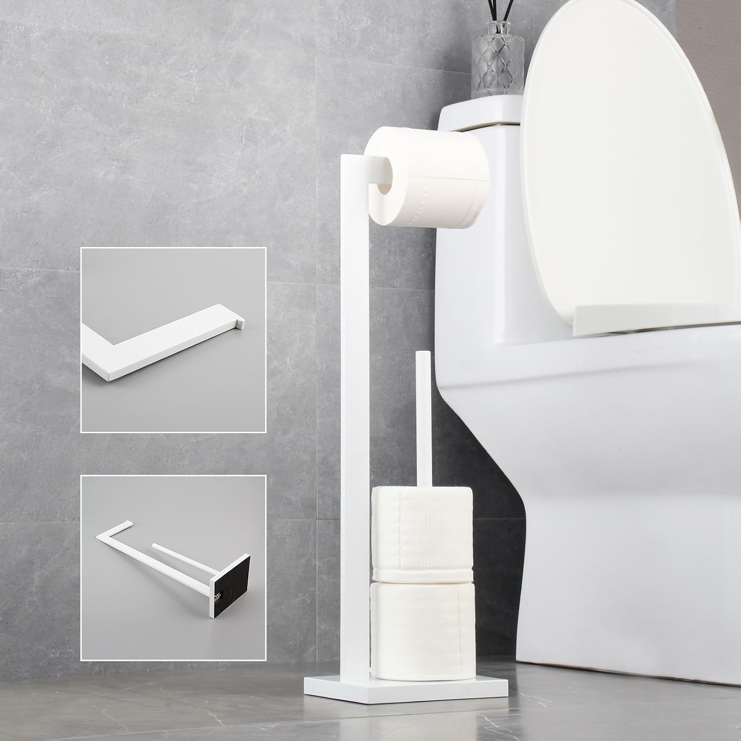 GERZWY SUS 304 Stainless Steel Toilet Paper Stand with Reserve, Free Standing Toilet Paper Holder, White