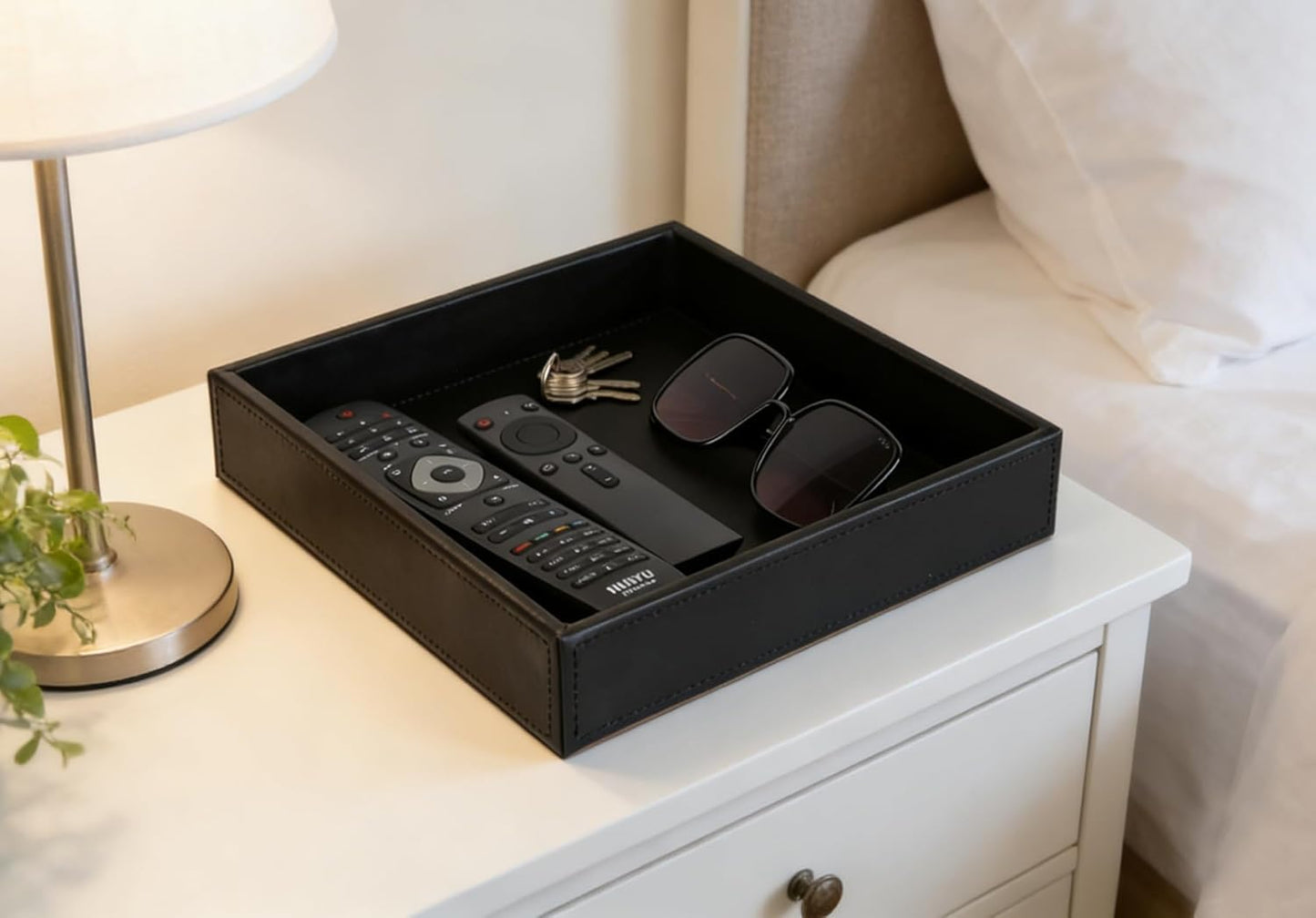 Faux Leather Vanity Tray / Black / 10 x 10 x 1.8