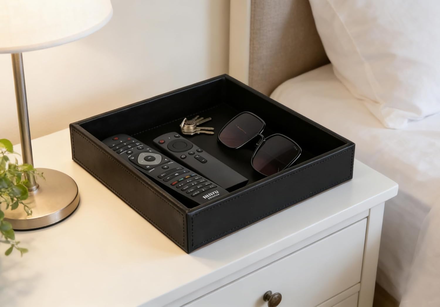 Faux Leather Vanity Tray / Black / 10 x 10 x 1.8