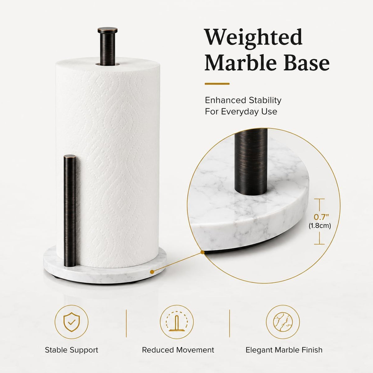 Oil Rubbed Bronze Paper Towel Holder for Kitchen Countertop, 304 Stainless Steel Roll Dispenser with White Engineered