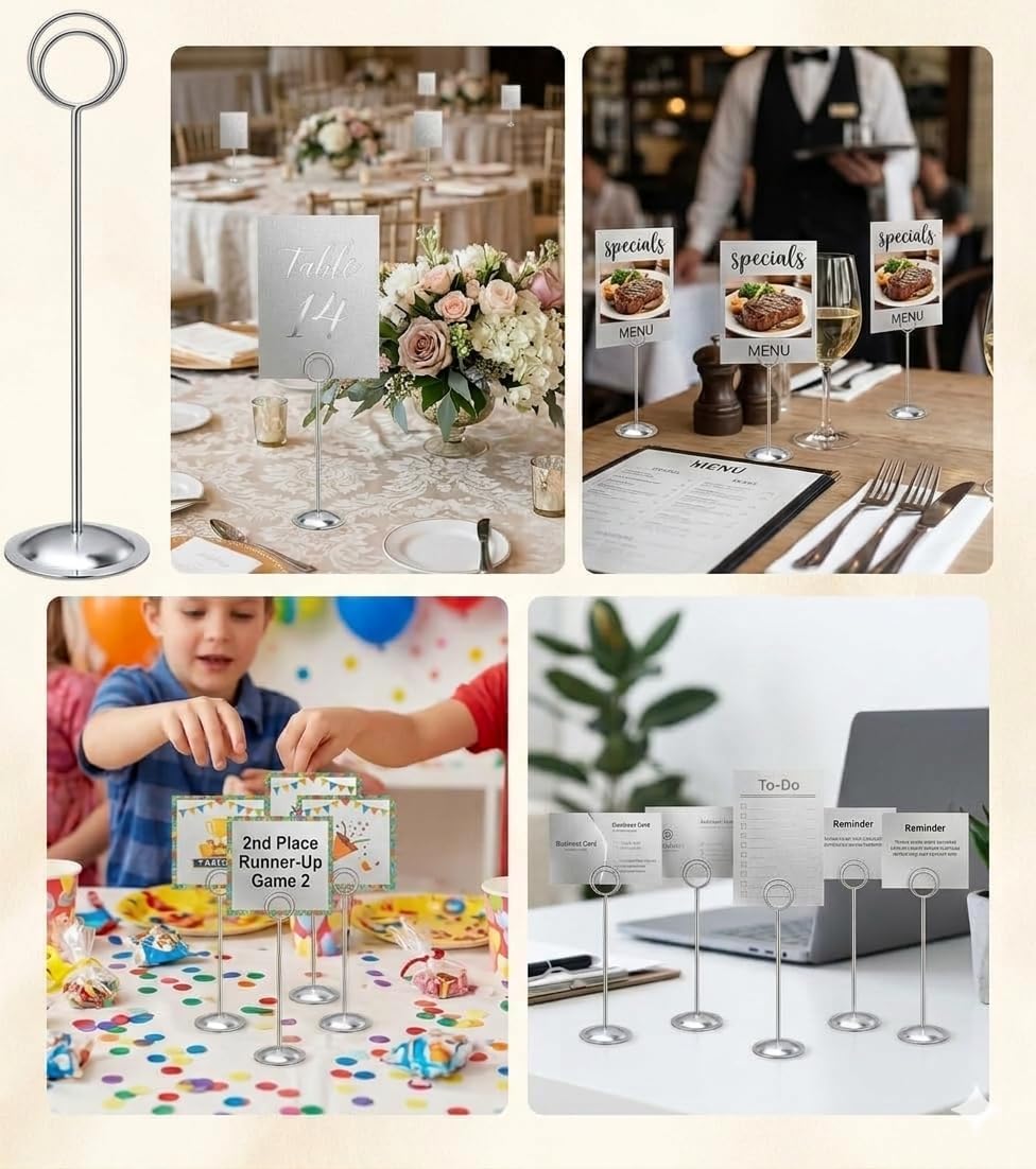 HOHIYA 12 Pack Silver Table Number Holders 12" Wedding Place Card Stands | Modern silver stands display table numbers