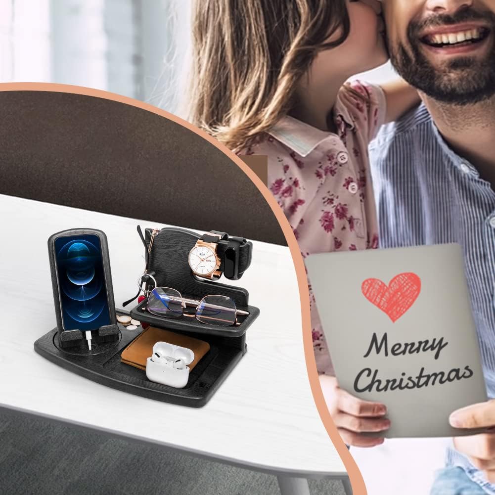 Gifts for Men, Fathers Day Wood Phone Docking Station for Dad, Desk or Nightstand Organizer, Mens Gifts for Husband