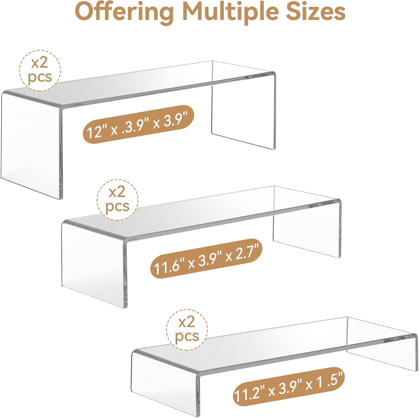 Large Acrylic Display Risers, 2 Sets(11.2”L~11.6”L~12”L) Clear Rectangular Showcase Collectibles Display Shelf, Retail