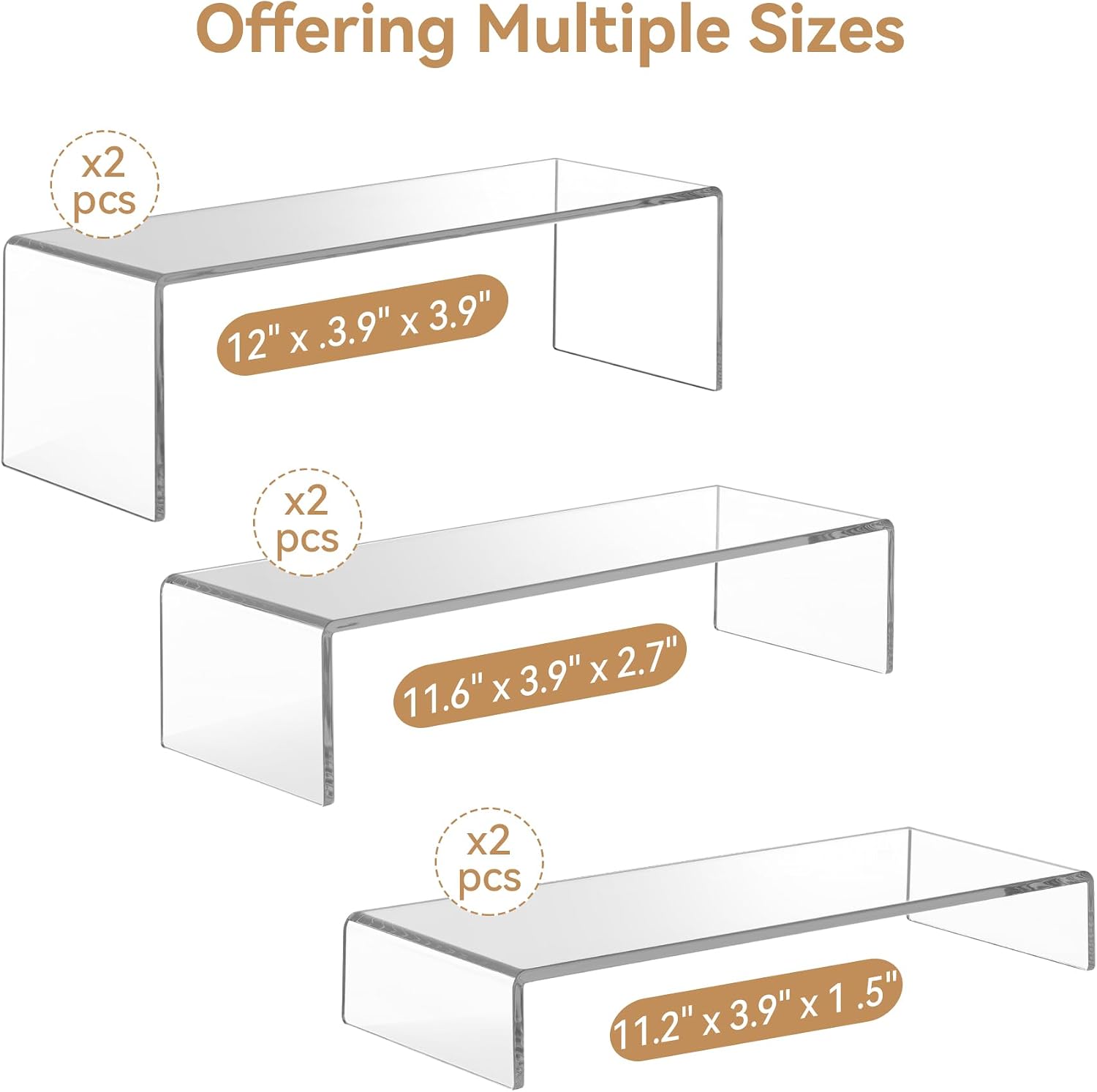 Large Acrylic Display Risers, 2 Sets(11.2”L~11.6”L~12”L) Clear Rectangular Showcase Collectibles Display Shelf, Retail