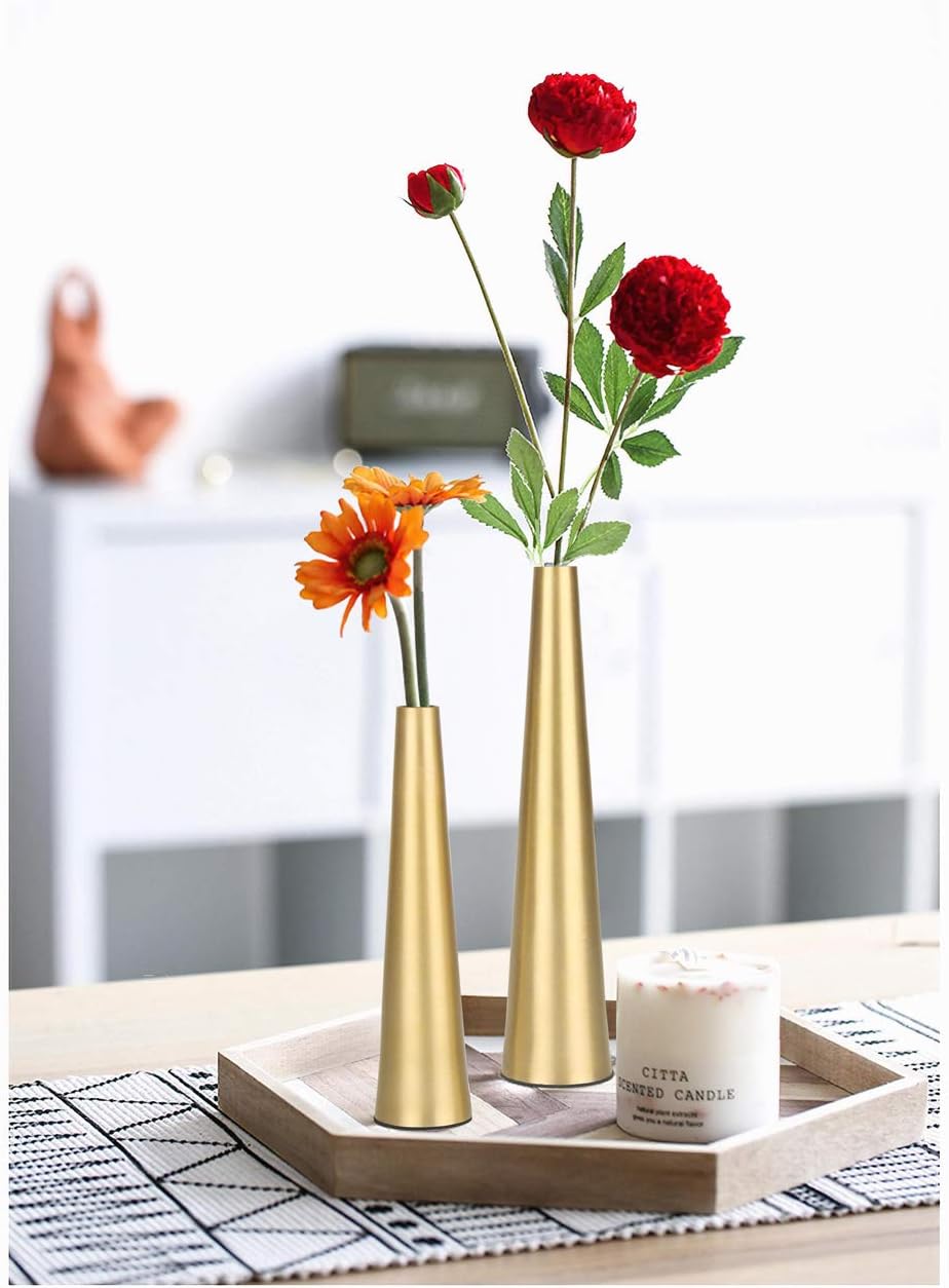 Vixdonos 10.5/8.5 inch Gold Metal Vase Small Dried Flower Vase Set of 2 Taper Vase for Wedding Table Centerpiece