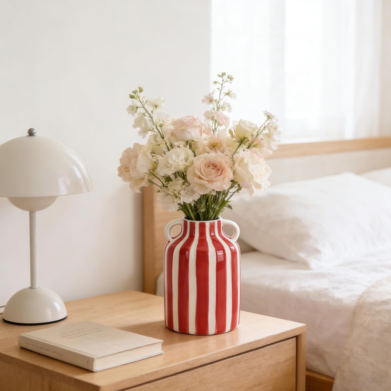 Ceramic Striped Checkered Vase / Red White