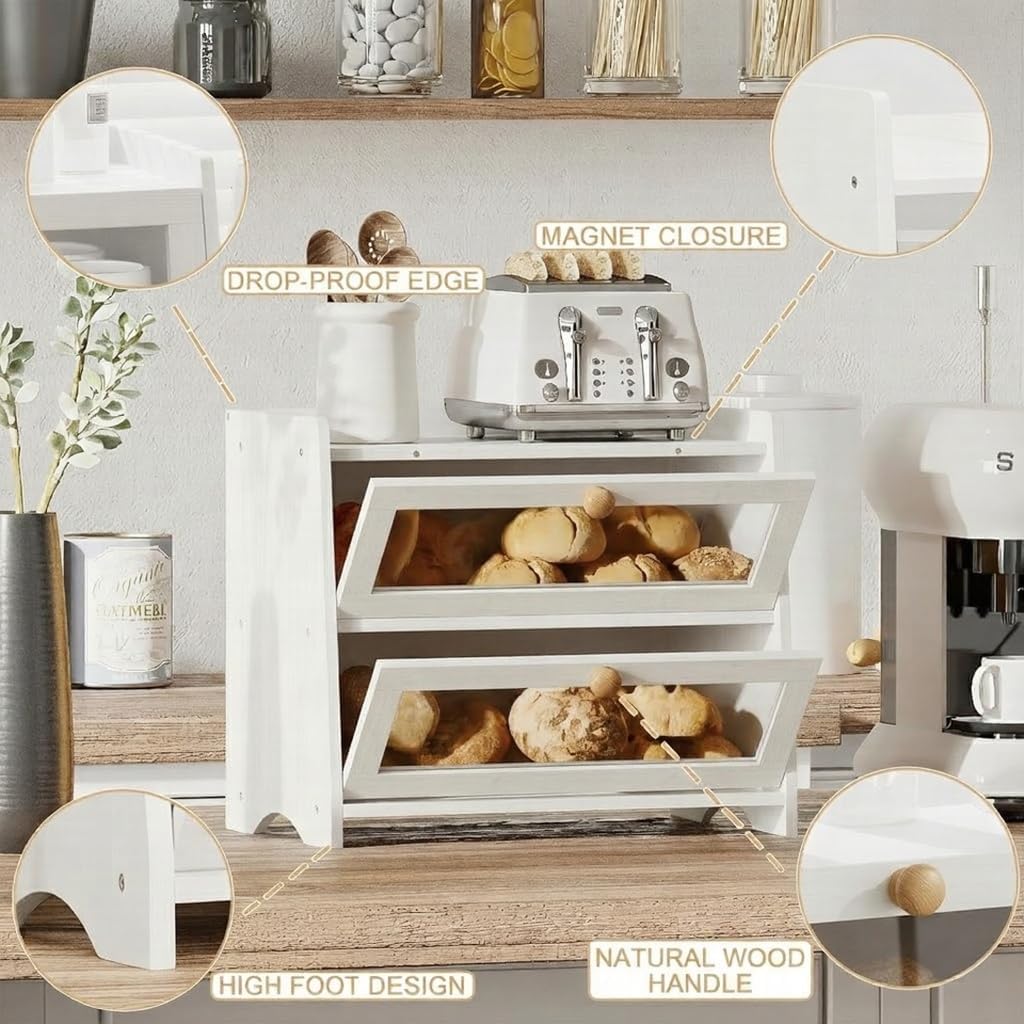 BAMBANG Bread Box for Kitchen Countertop, Extra Large Bamboo Bread Storage Container for Homemade Bread, Double Layer