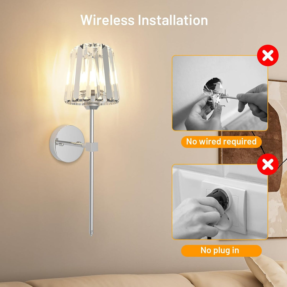 Crystal Battery Operated Wall Sconces Set of 2, Chrome Rechargeable Wireless Wall Lights with Crystal Lampshade, 12 RGB