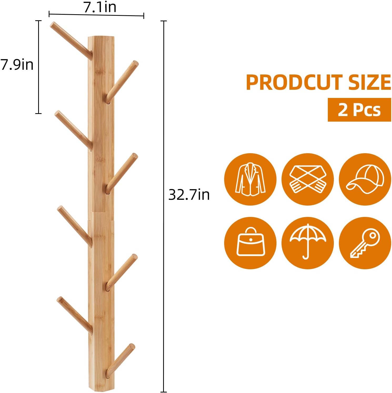 2-Pack Vertical Wall Mount Coat Rack for Clothes and Hats, Natural | Bamboo construction, 16 polished hooks, max 50 lbs