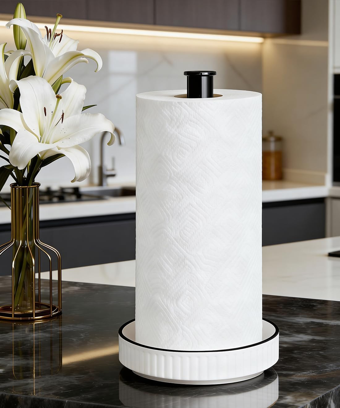 Paper Towel Holder, Ceramic Heavy Plate Base Wobble-Free, Roll Stand-Wh-bk | Effortless Cleaning and Easy to Assemble