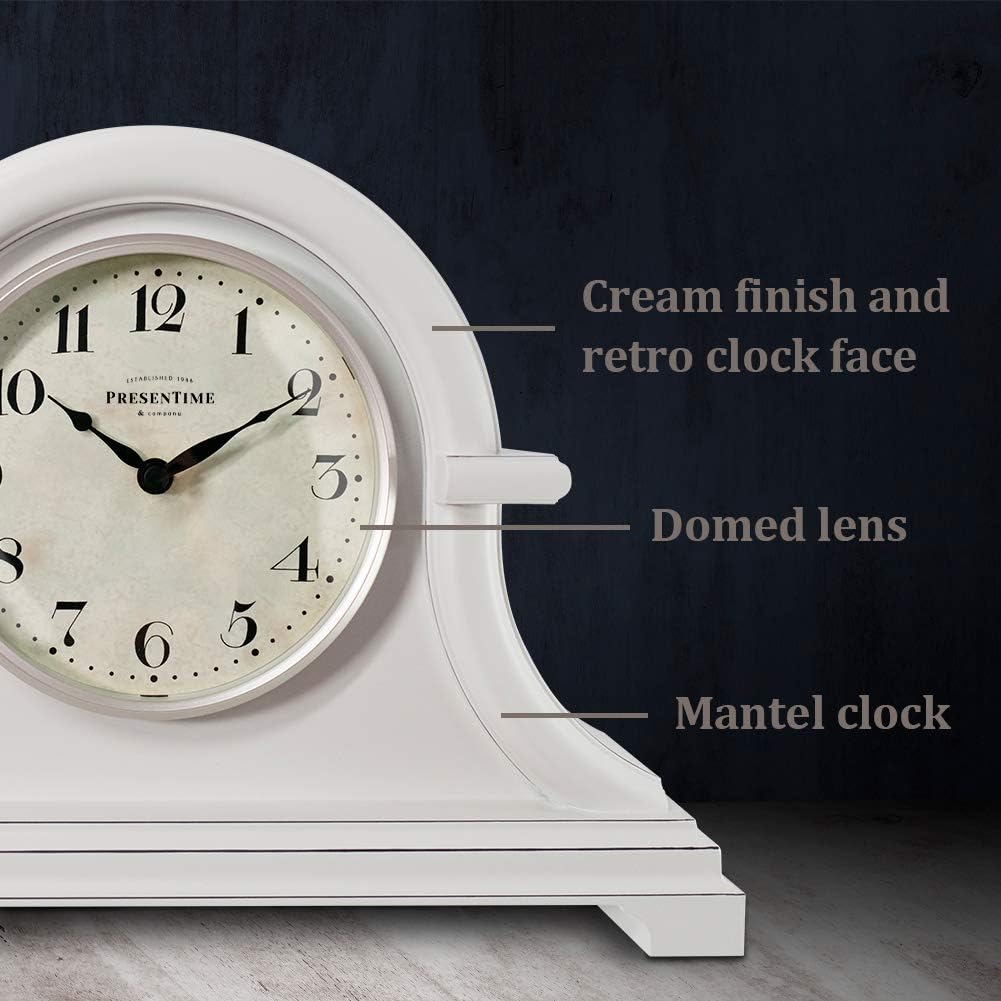 Vintage Farmhouse Mantel Clock, Napoleon Desk Clock | 13 x 10 inch, Domed Lens, Quartz Movement, ABS Plastic Case, Gray