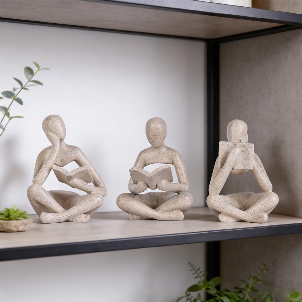 Thinker Statue / Matte Sandstone Resin Reading Figurines / Sandstone Color / Set of 3