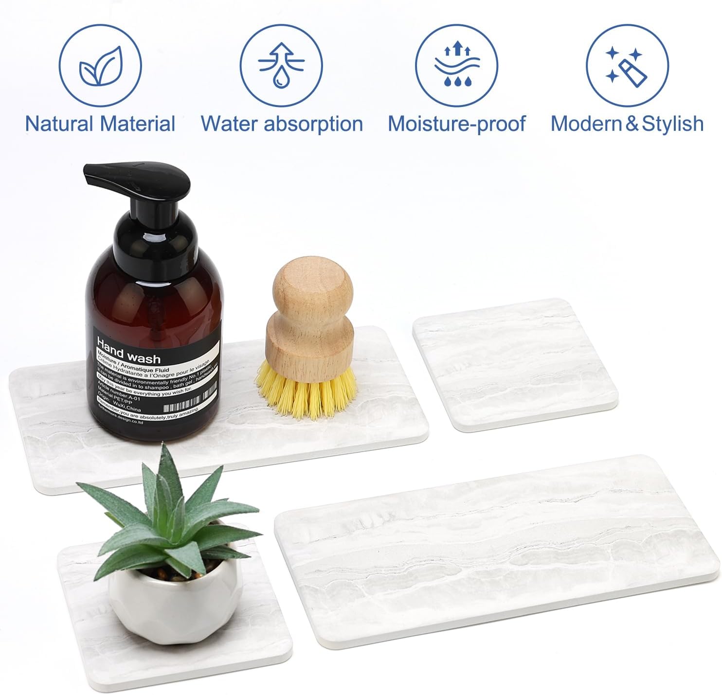 Water Absorbing Stone Drying Tray / Marble Light Gray / Set of 4