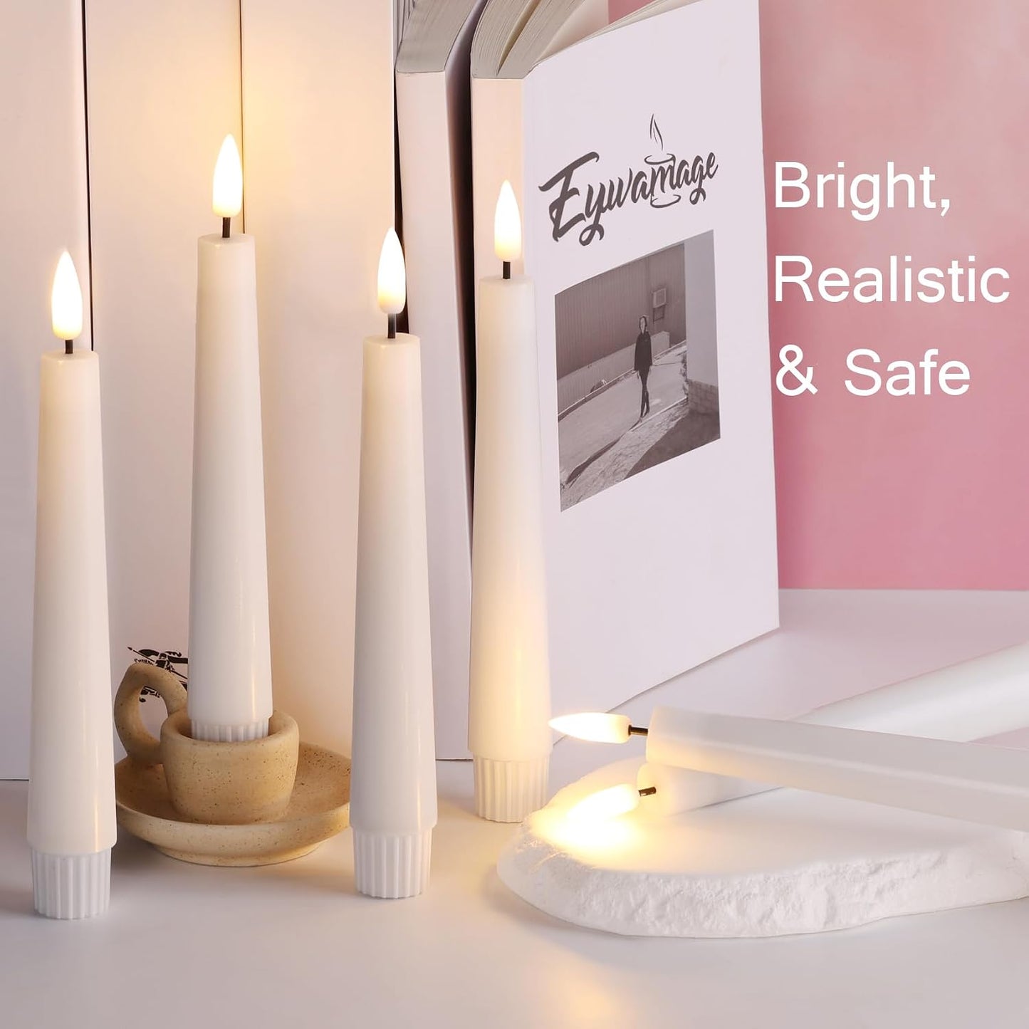 Short White Flameless Taper Candles with Remote Set of 6 | Flickering LED Candlesticks, Real Wax Coating, 2 AAA Battery