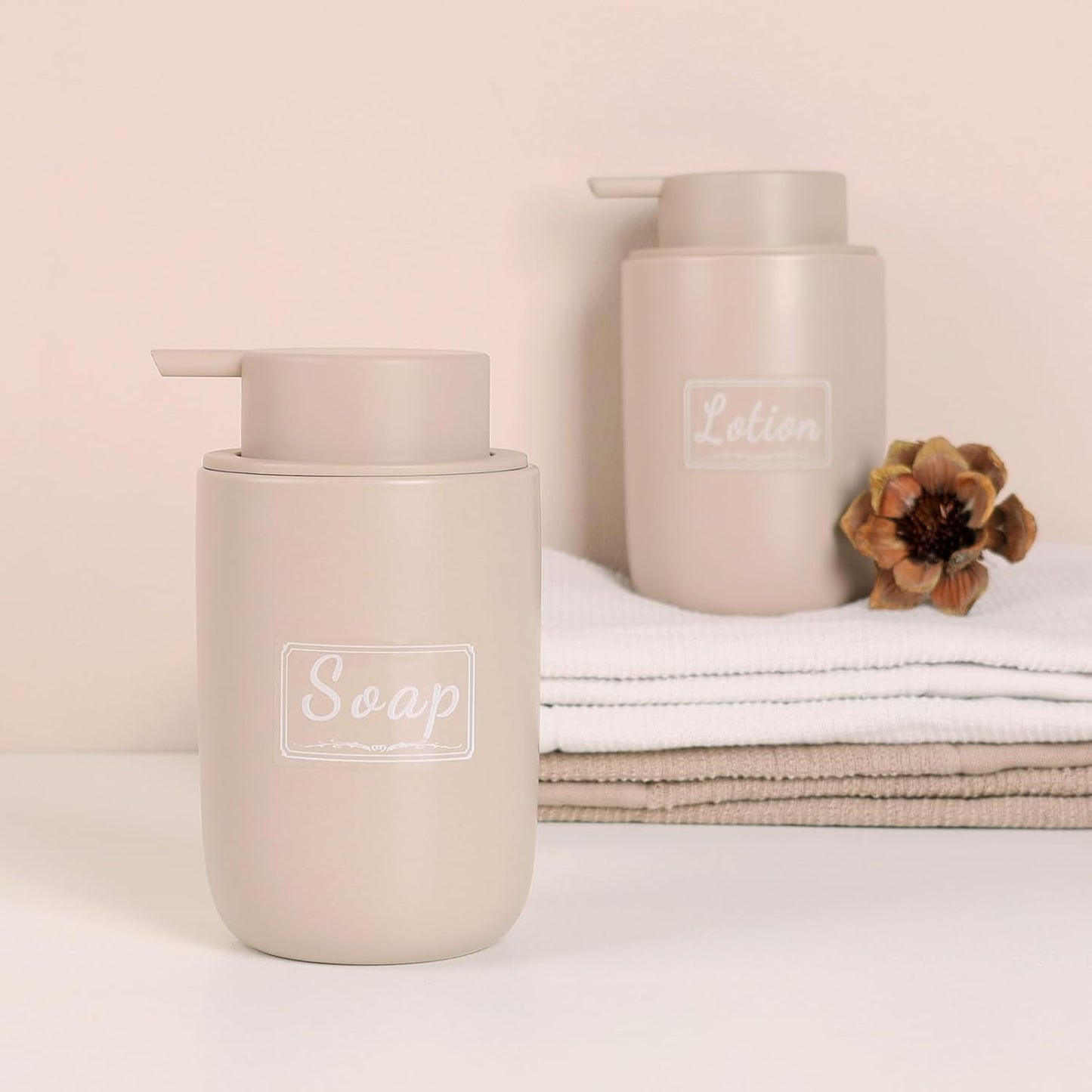 BosilunLife Khaki Soap Dispenser Set - 2 Pack 12oz Ceramic Soap Dispenser | with Rust Proof Pump for Kitchen, Hand Soap