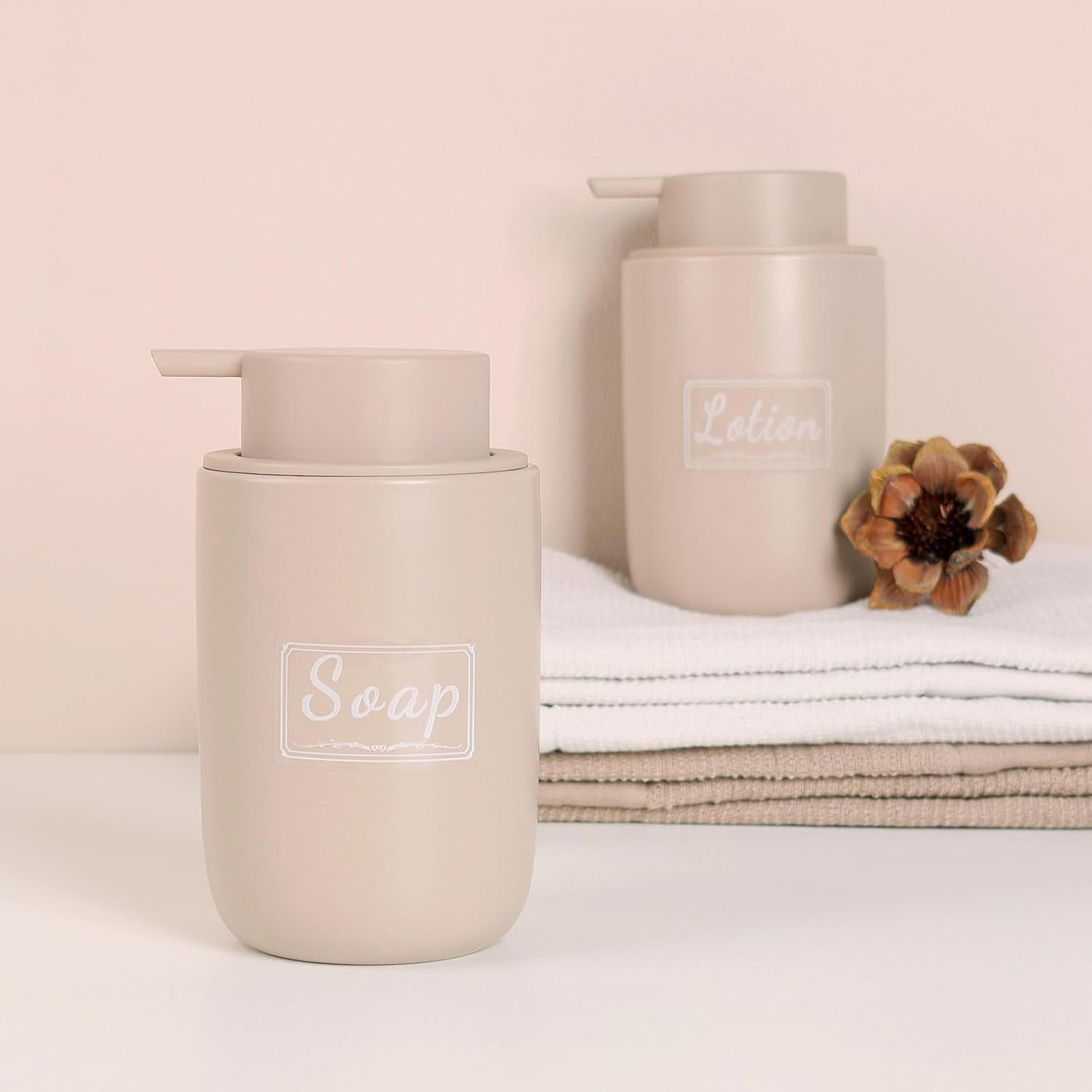 BosilunLife Khaki Soap Dispenser Set - 2 Pack 12oz Ceramic Soap Dispenser | with Rust Proof Pump for Kitchen, Hand Soap