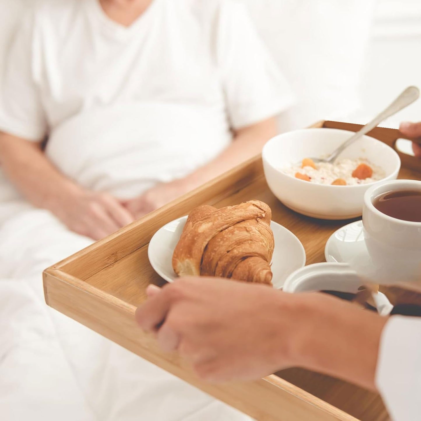 Bamboo Breakfast Tray Wooden Trays Decorative Serving Platter for Eating / Yellow / 16 x 11 x 1.4