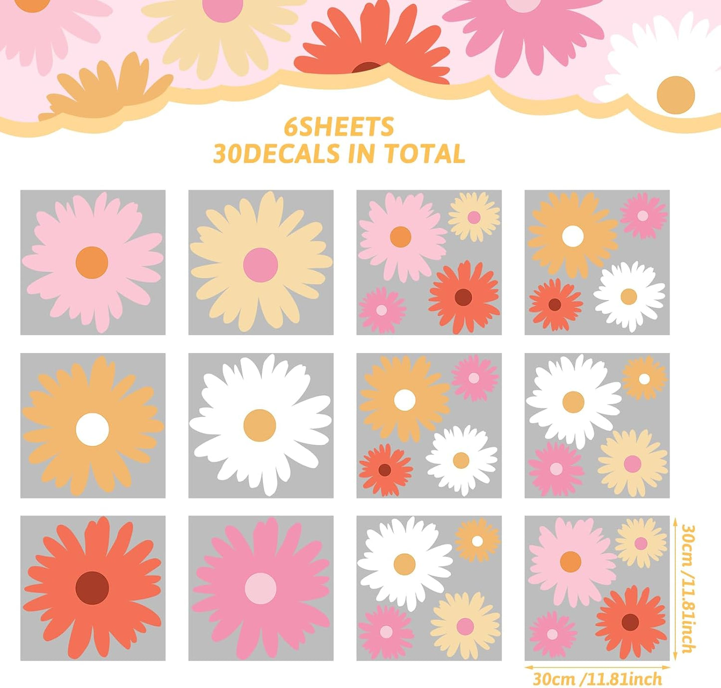 12 Sheet Daisy Wall Sticker Decal Removable Daisy Bedroom Room / Artsy Style / Bright Color / Pink