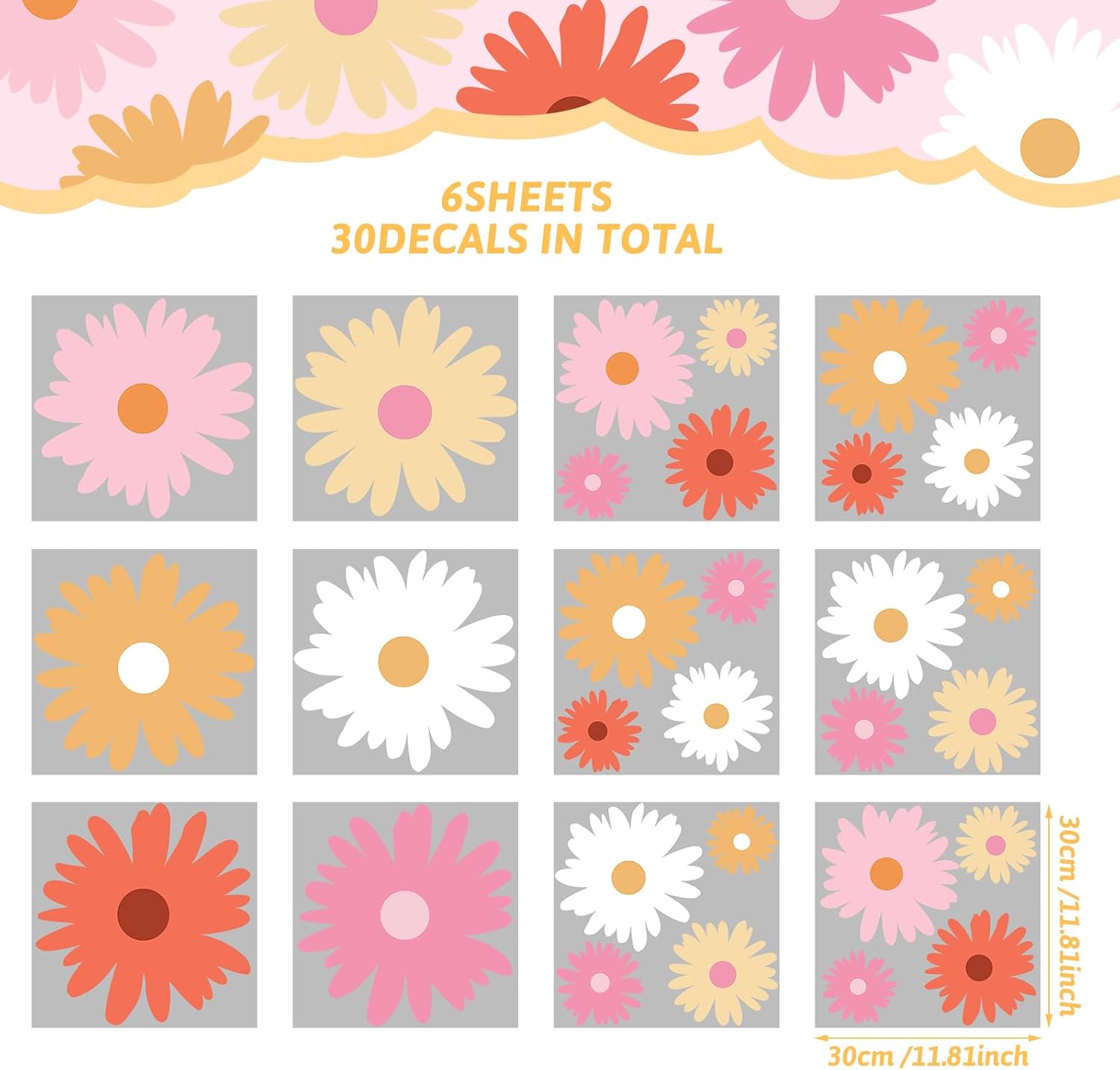 12 Sheet Daisy Wall Sticker Decal Removable Daisy Bedroom Room / Artsy Style / Bright Color / Pink