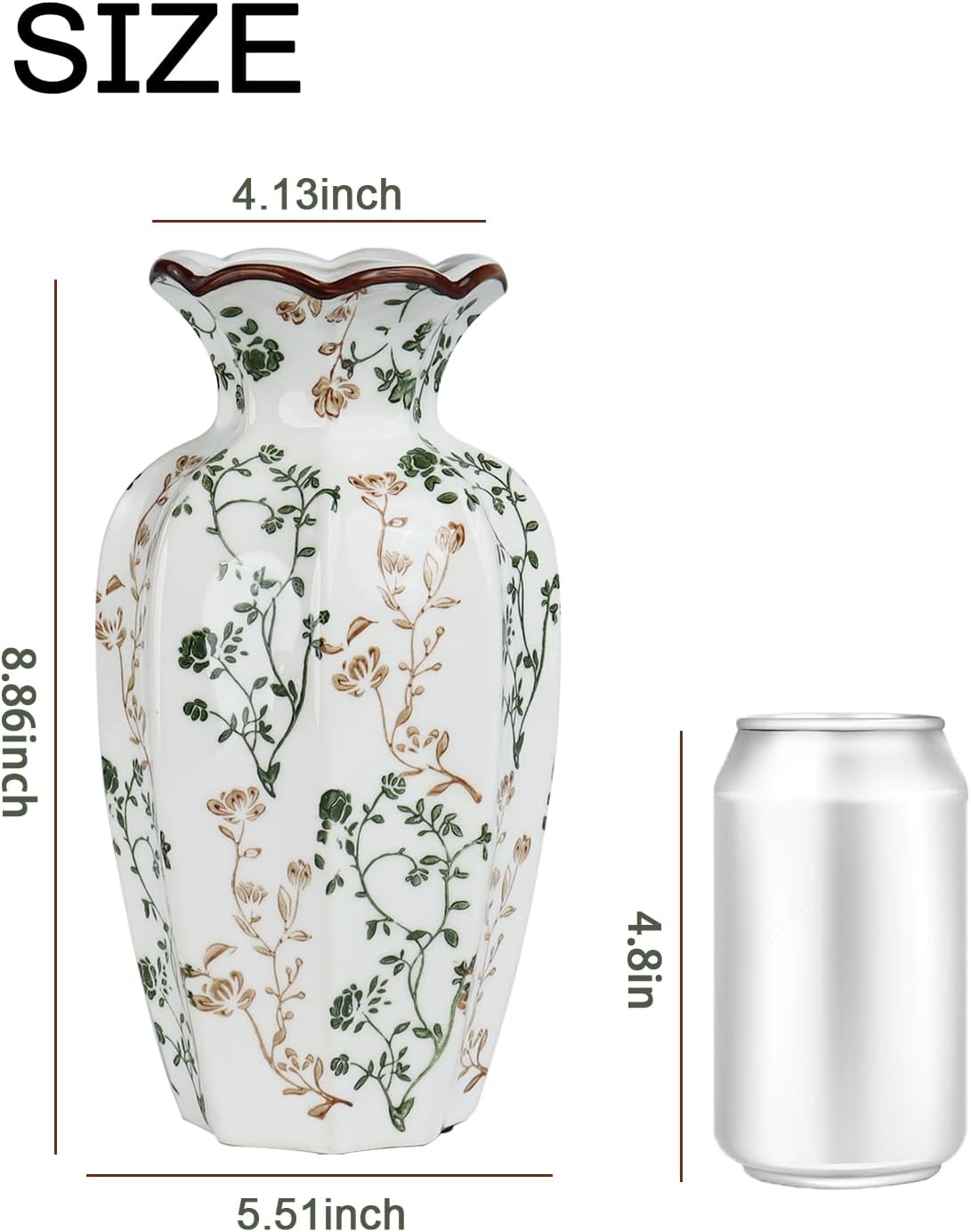 Green Floral Ceramic Vase / Brown and Green / 8.86 Inch