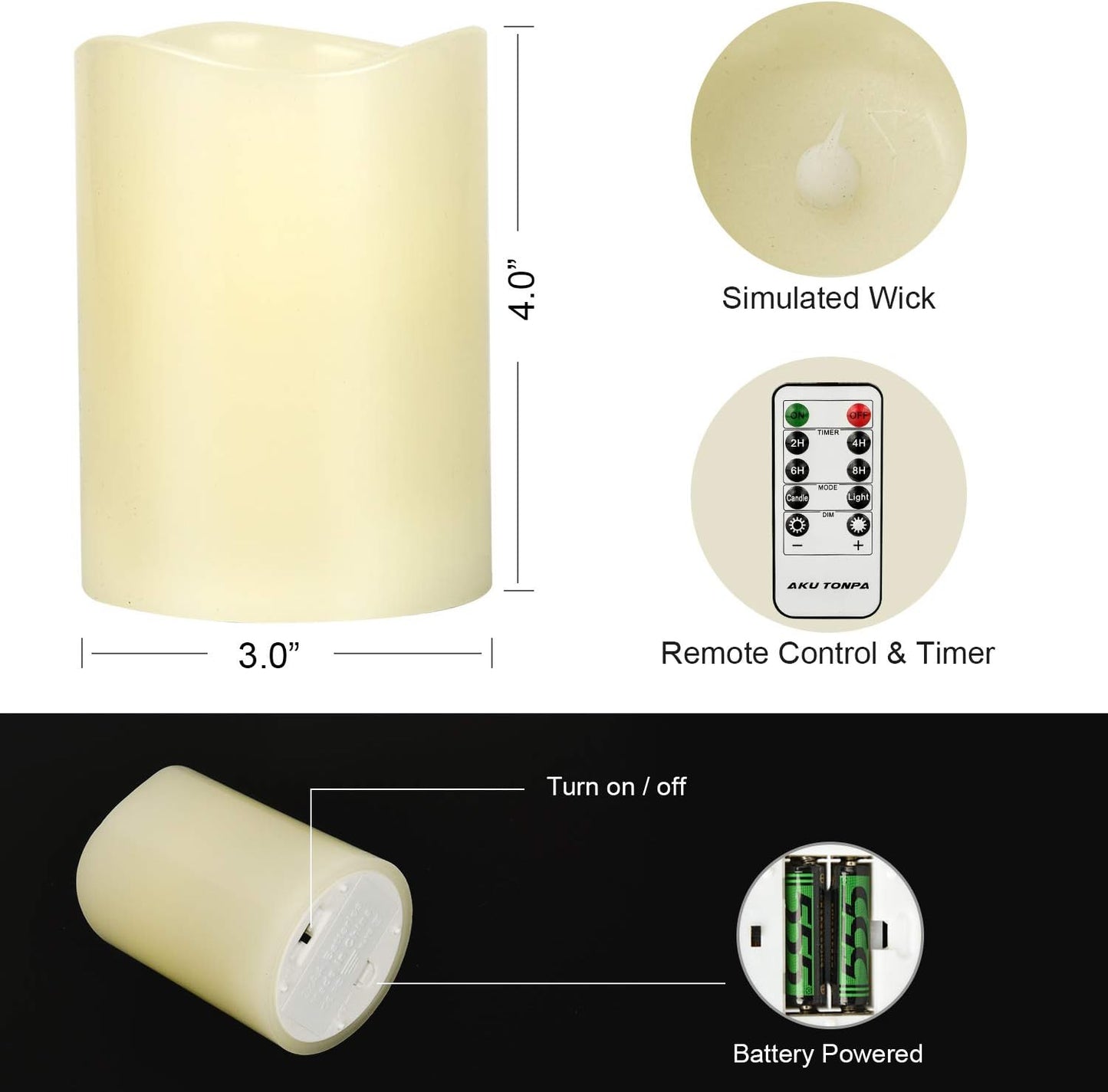 AKU TONPA Flameless Candles Battery Operated Pillar Real Wax Flickering Electric LED Candle Gift Sets with Remote