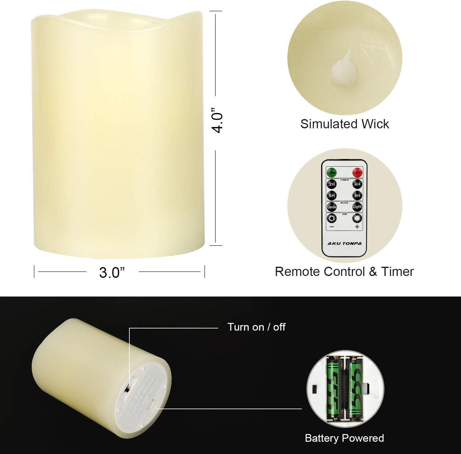 AKU TONPA Flameless Candles Battery Operated Pillar Real Wax Flickering Electric LED Candle Gift Sets with Remote