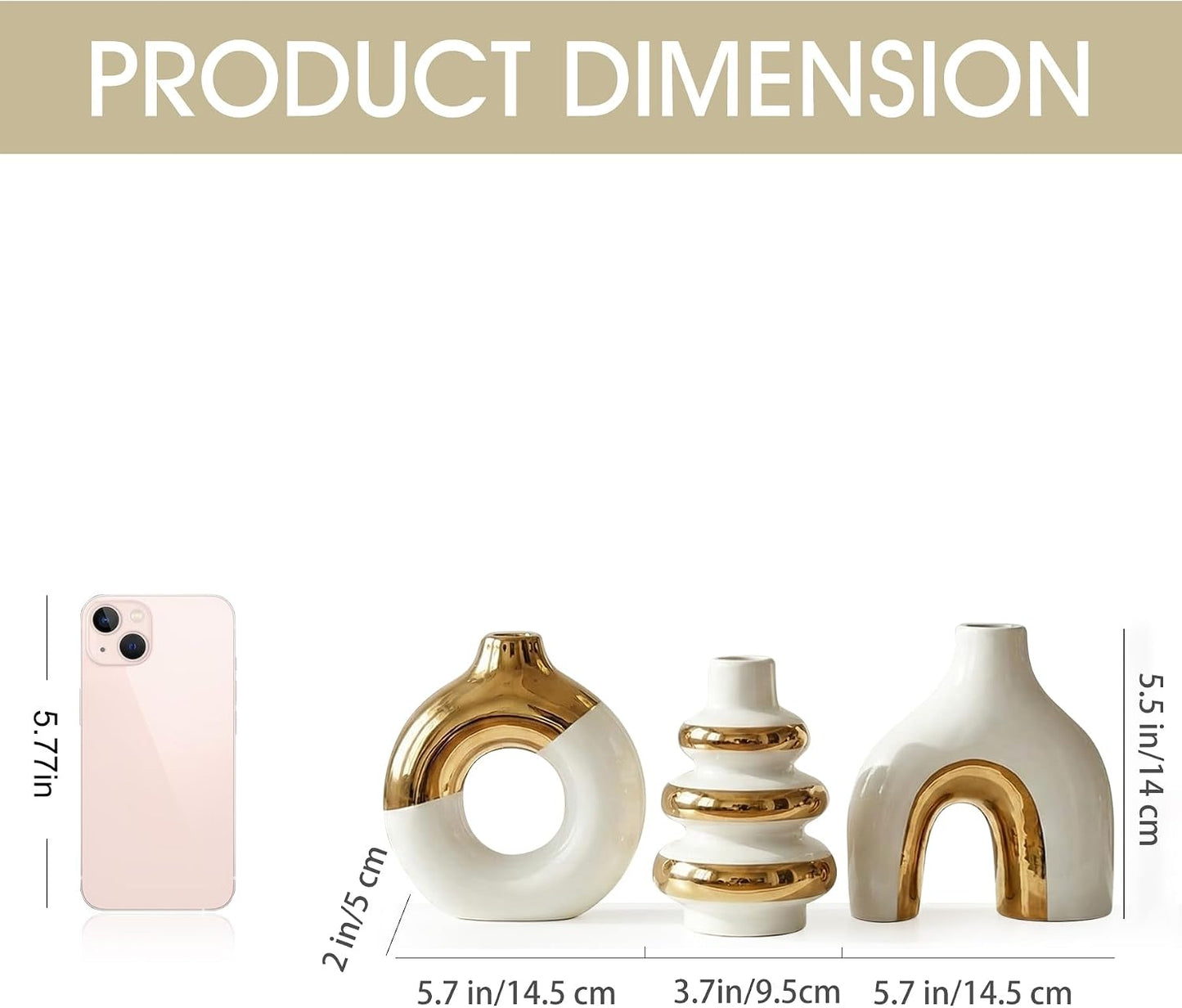 Modern Ceramic Decorative Vase / White and Gold / Set of 3