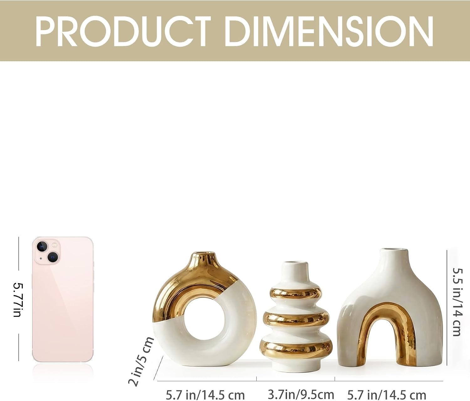 Modern Ceramic Decorative Vase / White and Gold / Set of 3