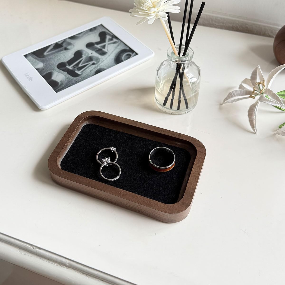 Walnut Solid Wood Square Jewelry Display Valet Tray Dish for Elegant / Black / 3.5 x 5.5