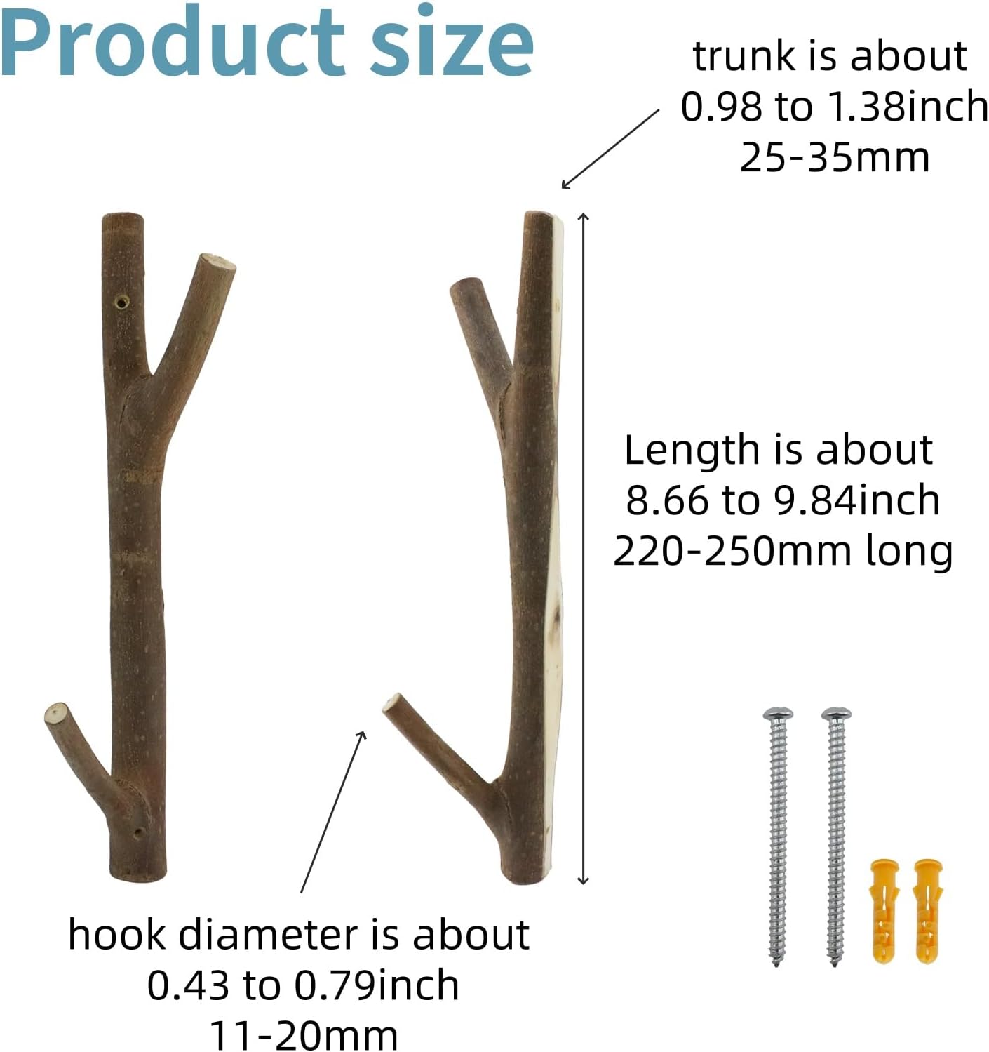 Real Wood Tree Branch Double Wall Hooks / 2-3cm Double Hooks / with Bark / Set of 2