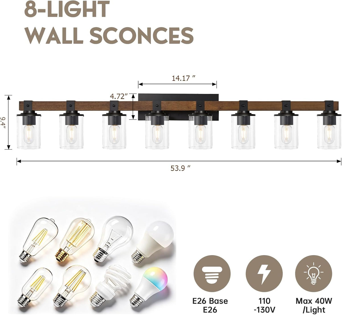 8-Light Farmhouse Vanity Light Fixture, Bathroom Wood Wall Light Over Mirror with Clear Glass Shade, Rustic Vintage