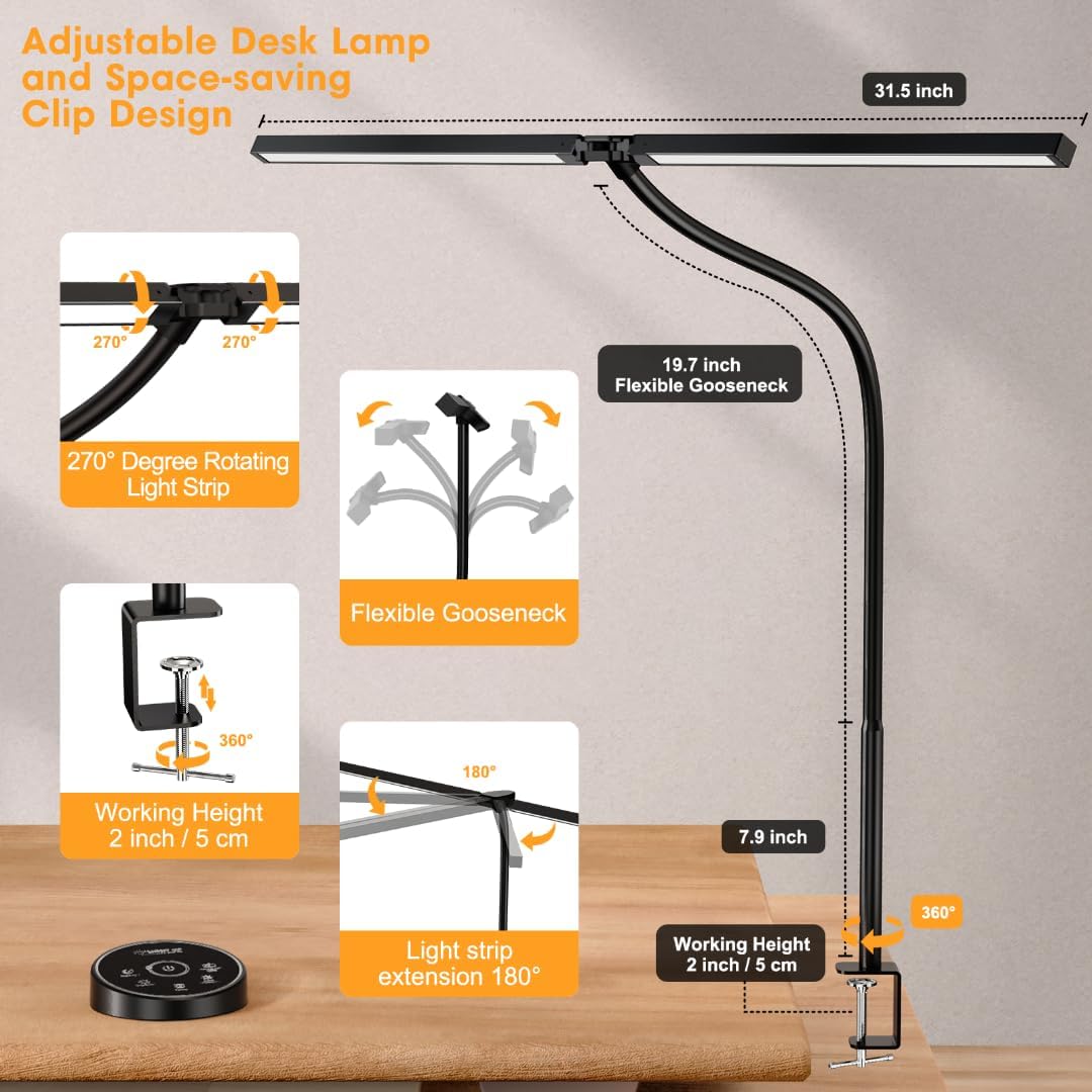 Led Desk Lamp for Office Home - Eye Caring Architect lamp with Clamp,Dual Screen Computer Monitor Work Smart Light: 24W