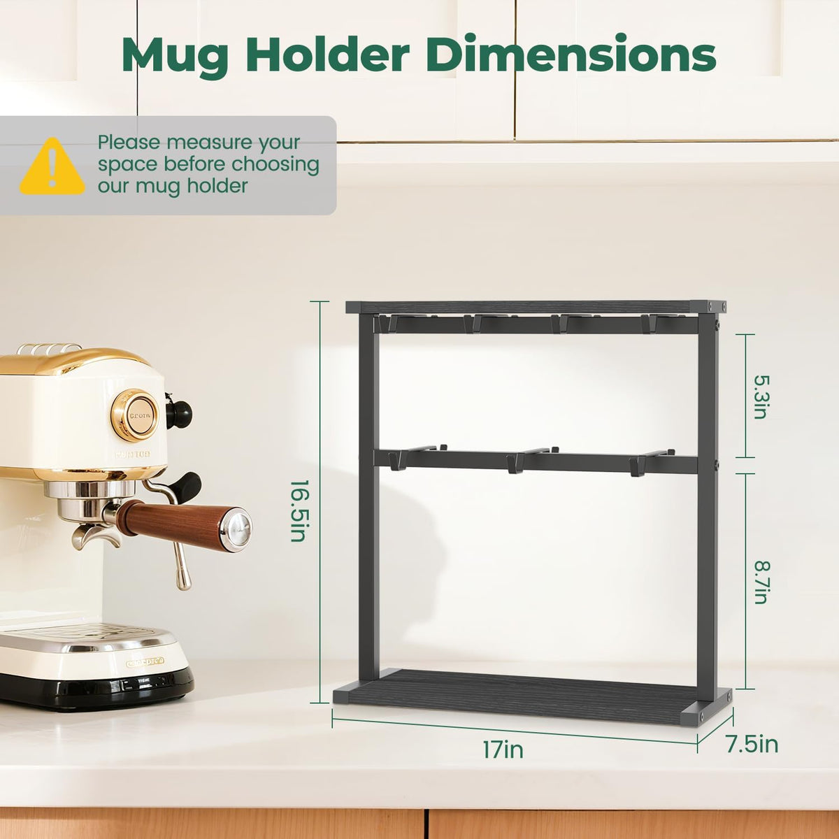 EsLuker.ly Coffee Mug Holder Cup Tree Rack for Coffee Bar Countertop | 2 Tier Wood Organizer Narrow Display Stand for