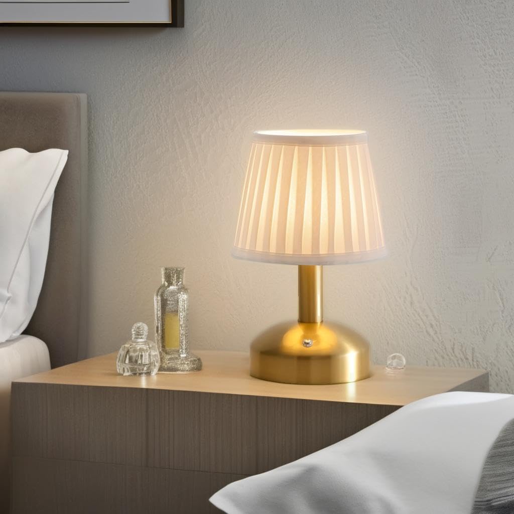KDG Gold Cordless Small Table Lamp, Portable LED Fabric Shade Desk Lamp | Modern 4000mAh Rechargeable Battery Operated