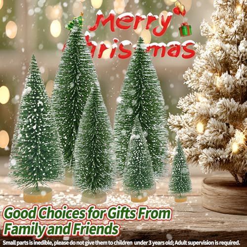 Yahpetes Christmas Trees 10 Pcs Bottle Brush Christmas Trees 5 Size Artificial Christmas Sisal Snow Frost Trees Pine Trees with Wood Base for Tabletop Christmas Party Home Indoor Decor (Dark Green)