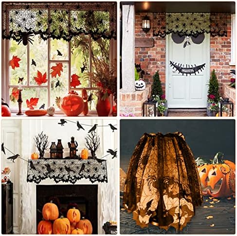 Lucleag 3Pcs Halloween Black Lace Spider Web Bat Lampshades Cover, 20x60 Inch Black Lace Lampshade Cover with Ribbon for Halloween Party Decorations Party Supplies Indoor Decor Supplies Gifts