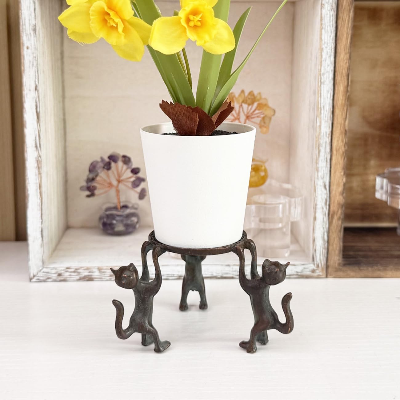 Cat Figurines Rings Earrings Holder Brass Vintage Pedestal Risers for Display Mini / 2.75 x 1.96