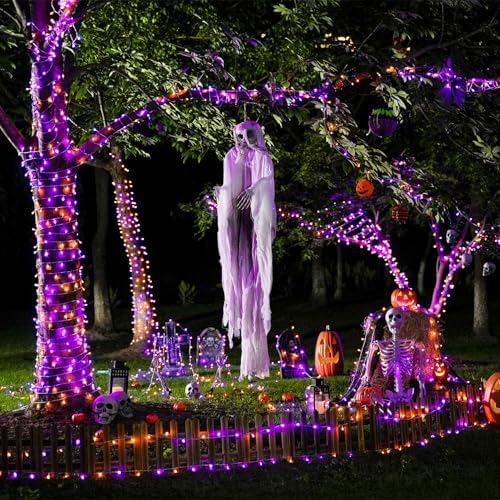 JMEXSUSS 2 Pack 100 LED Orange and Purple Halloween Lights Outdoor