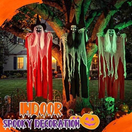 3 Pack 4 Foot Hanging Witch Halloween Decorations, Large Scary Witches with Witch Hats, Long Hair, Skeleton Hands & Tattered Robes, Hanging Halloween Decor for Indoor Outdoor Yard Porch Haunted House