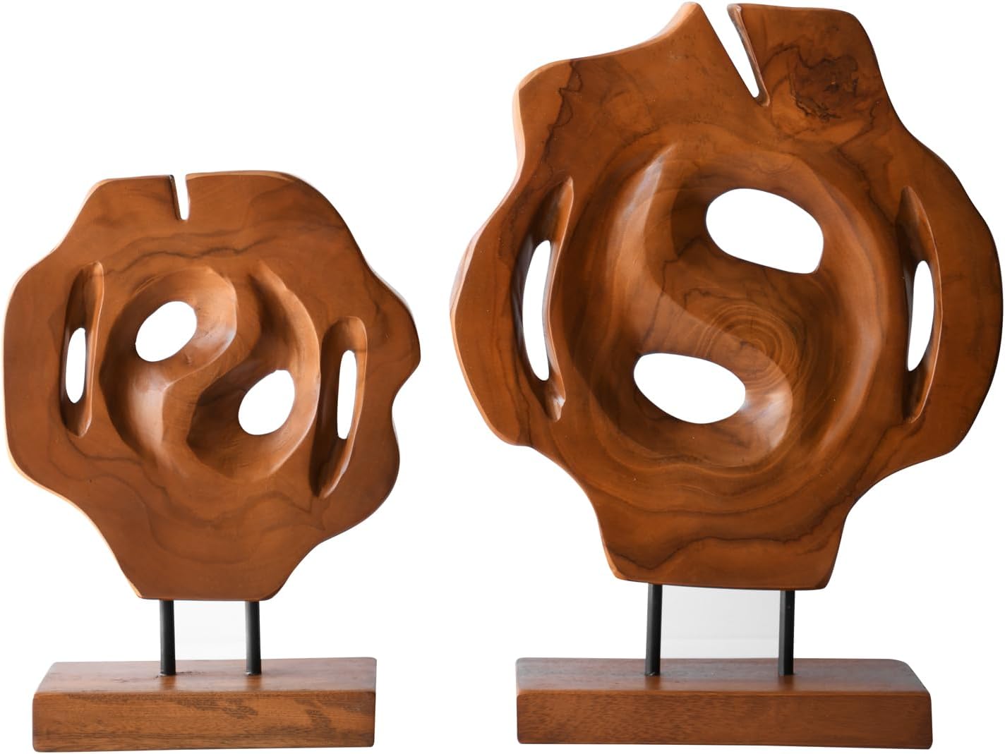Geometric Teak Wood Sculptures on Metal Stand / Natural / Set of 2