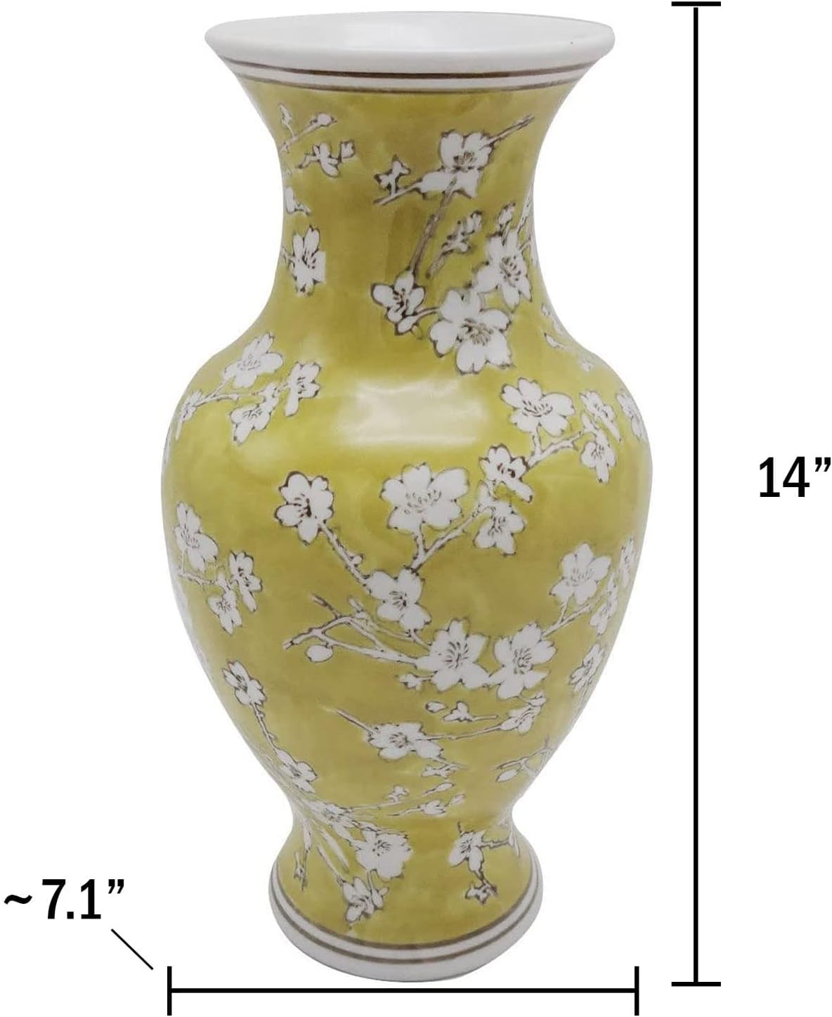 14" Hand Painted Chinoiserie Ceramic Vase / Yellow & White