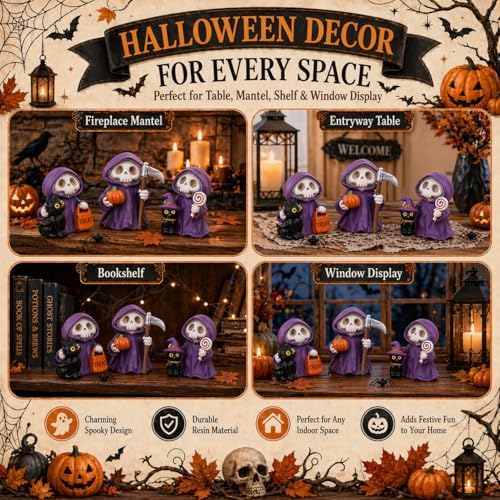 Halloween Decorations Indoor, 3 Pcs Witch Skeleton Statues for Table Mantel Shelf Decor Cute Spooky Halloween Figurines with Grim Reaper Witch Hat Black Cat, Pumpkin Skull Gothic Resin Tabletop Decor