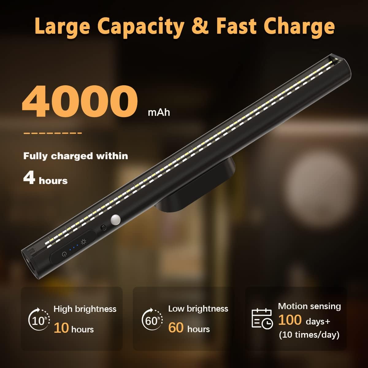 Battery Powered Operated Wall Strip Light with Motion Sensor | LED Light Bar, Rechargeable Magnetic Under Cabinet