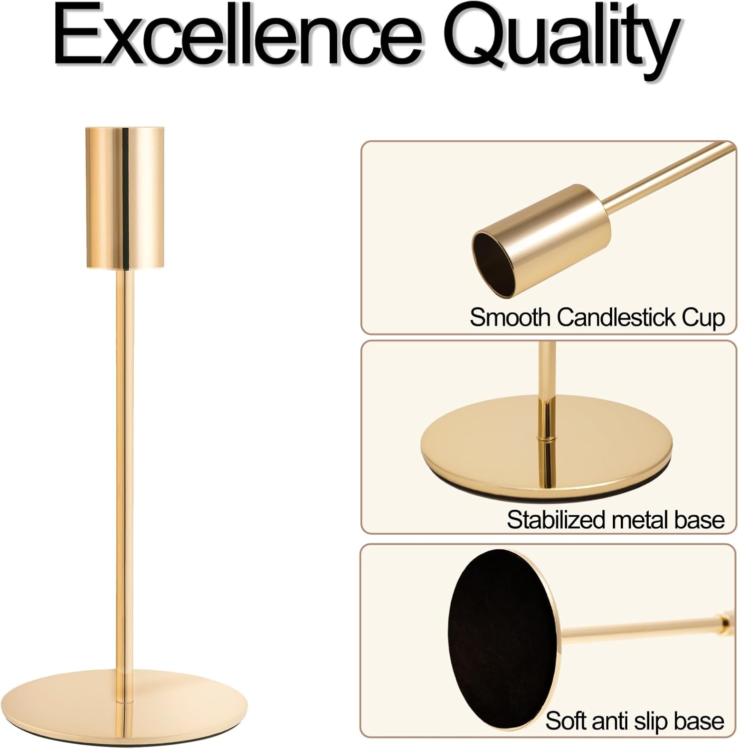 Gold Candlestick Holders Bulk, Taper Candle Holders 15Pcs, 3 Heights | Modern metal taper holders with stable bases for