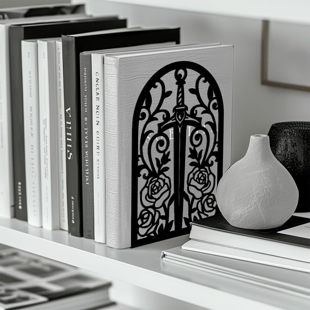 Metal Bookends / Modern Decorative Heavy Duty Study Book Support Stoppers / Sword with Vine and Rose
