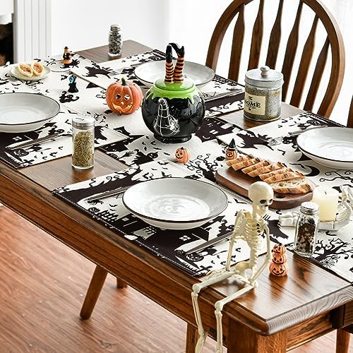Artoid Mode Black White Spooky Haunted House Tree Ghost Witch Halloween Placemats Set of 6, 12x18 Inch Fall Table Mats for Party Kitchen Dining Decoration