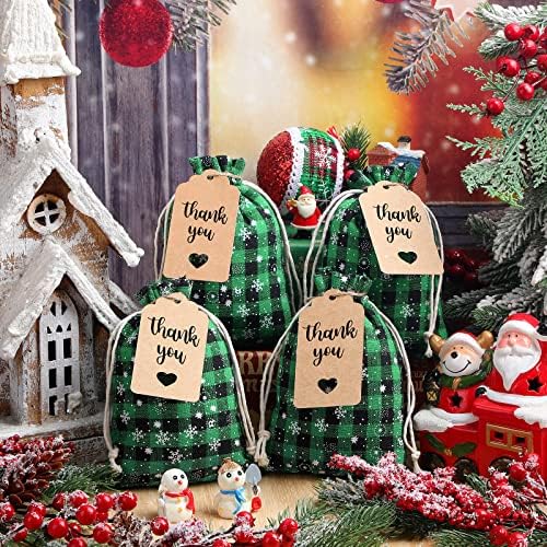 Shappy 24 Pcs Christmas Drawstring Gift Bags Xmas Buffalo Plaid Burlap Advent Bags 7 x 5 Inches Linen Treat Candy Bag with 32.8 ft Rope 24 Card(Black Green Snowflake)
